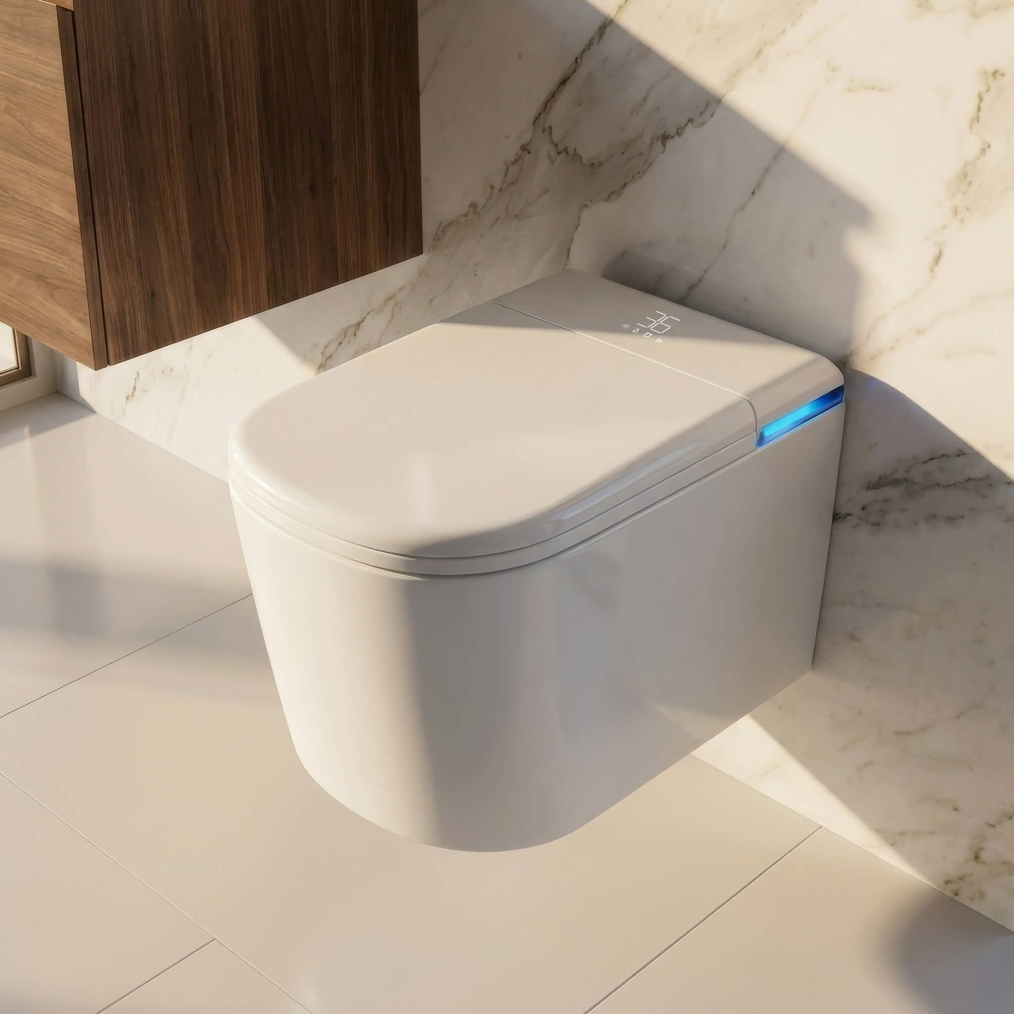 Close-up of the Tresani Axia wall-hung smart toilet in gloss white