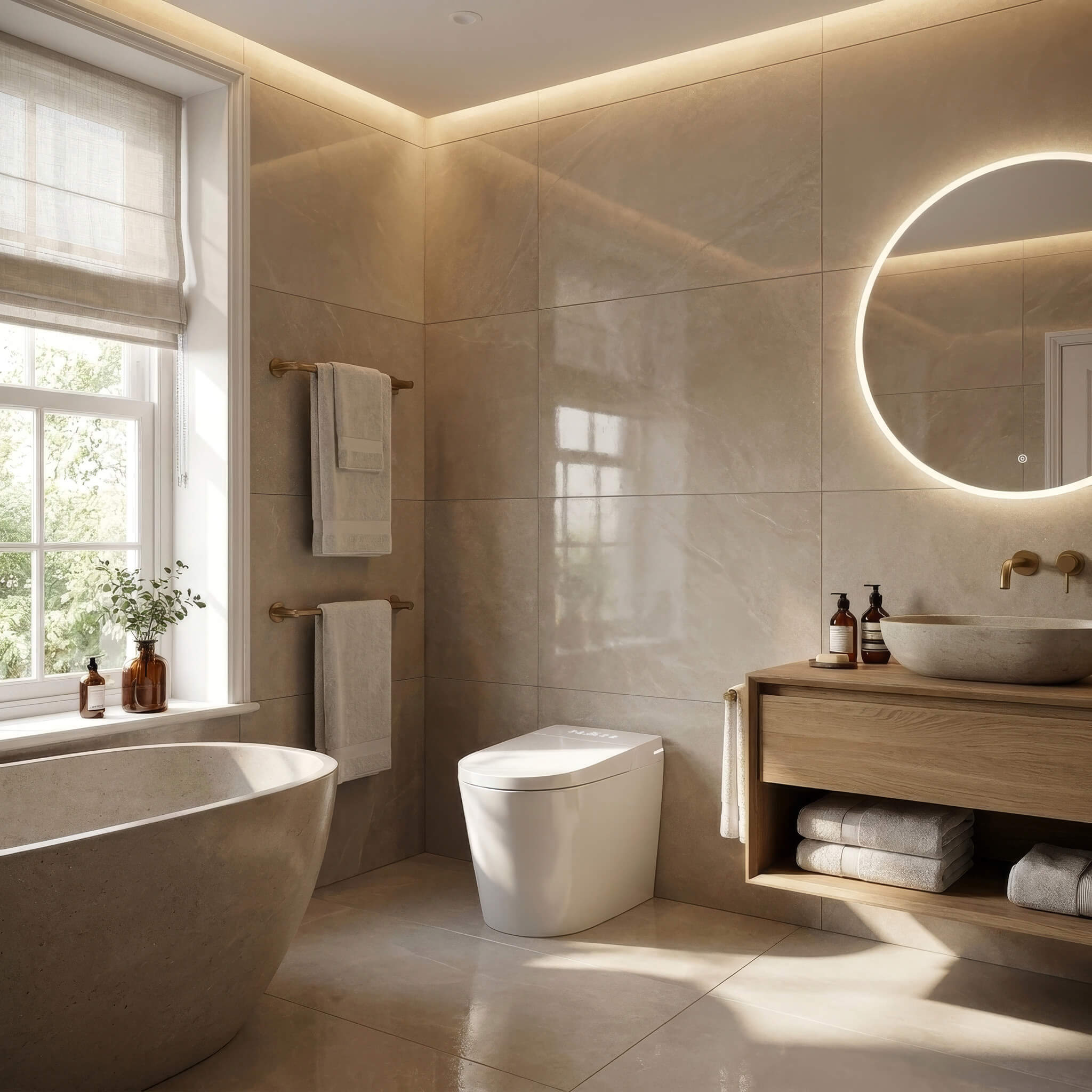 Tresani Origin floor-standing smart toilet in a stone bathroom with a freestanding bath