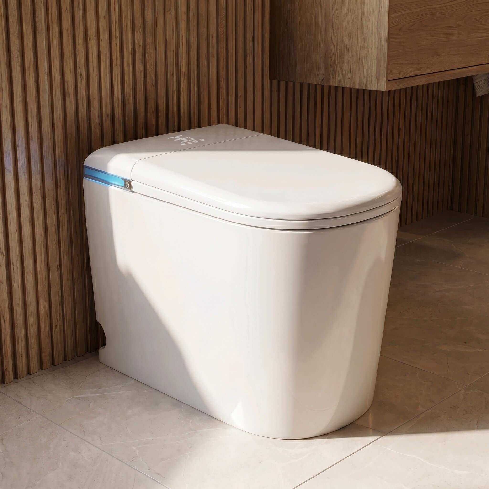 Close-up of the Nexus floor-standing smart toilet in gloss white with blue LED accent