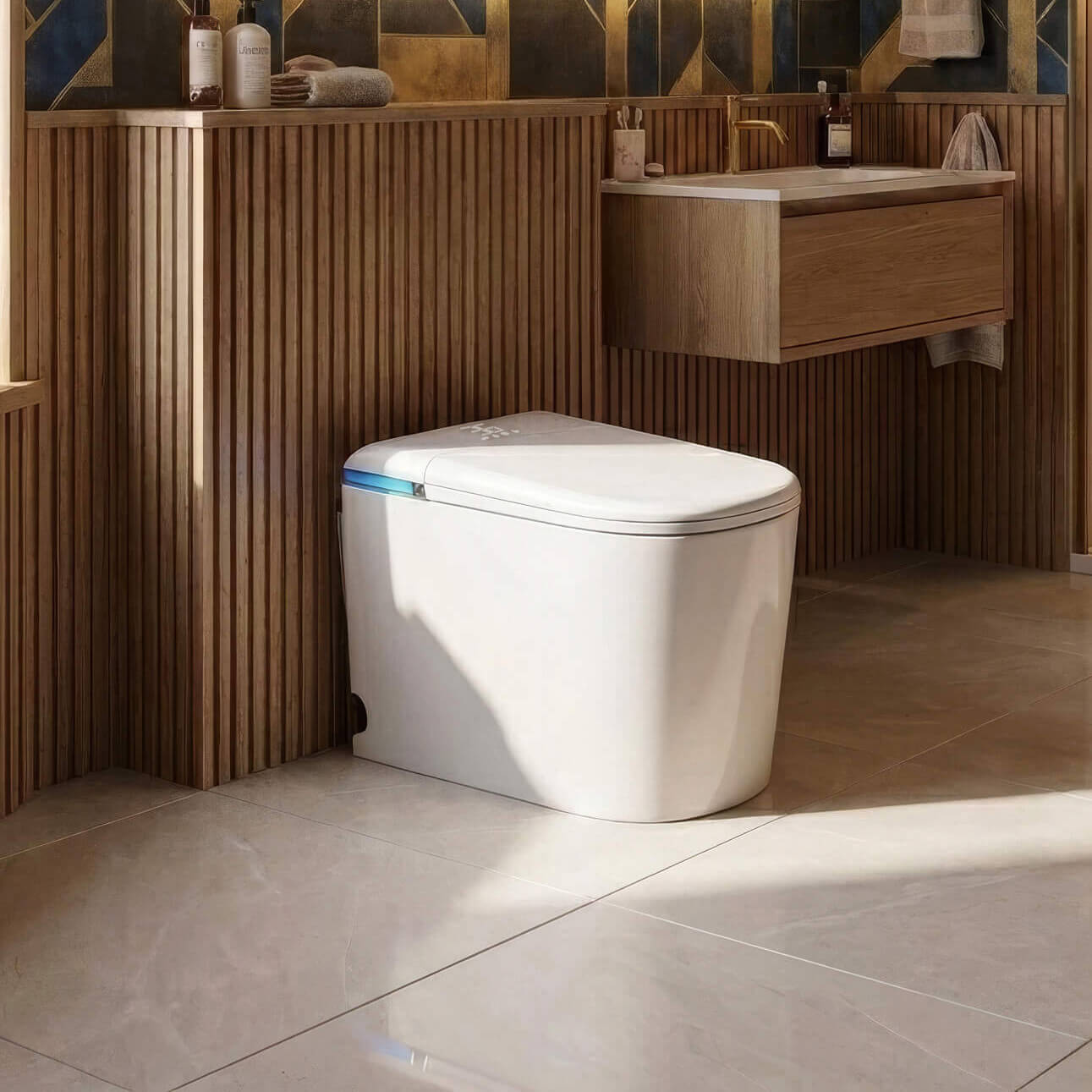 Tresani Nexus floor-standing Japanese smart toilet with a blue LED accent, against warm fluted-oak panelling