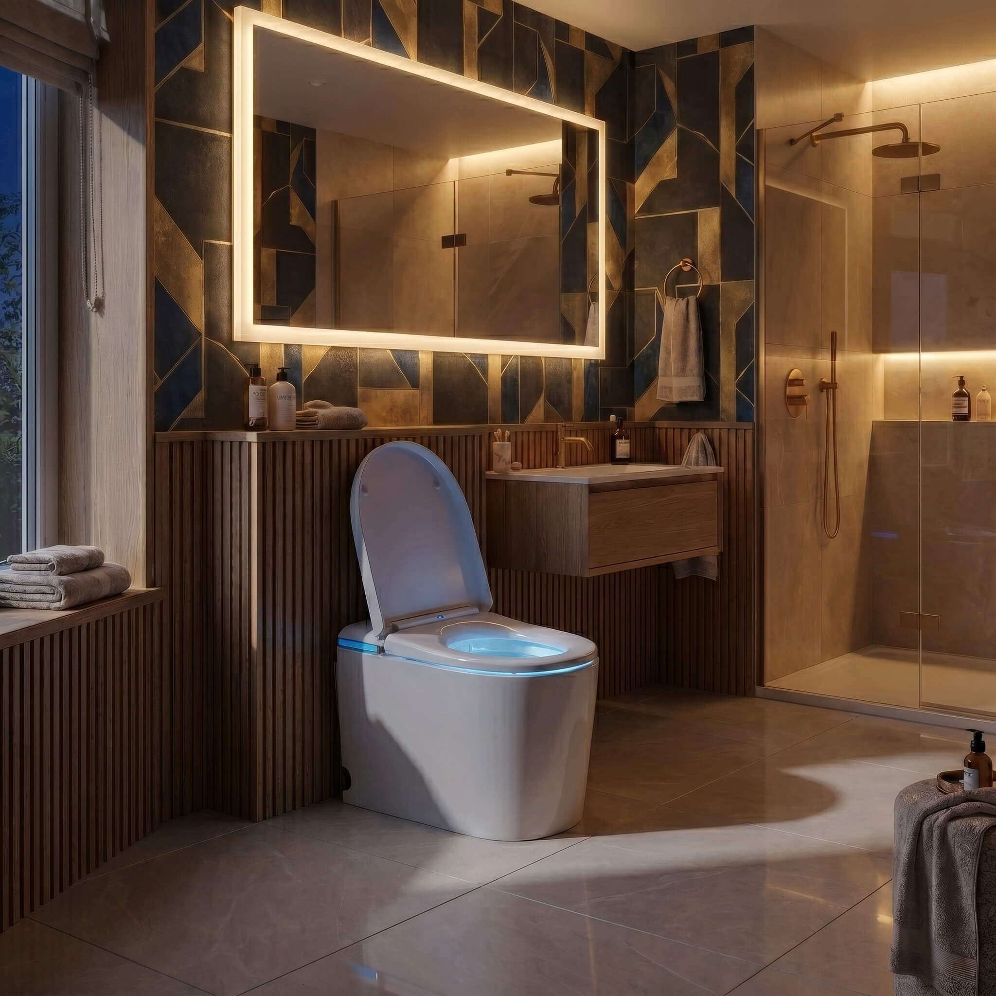 Nexus smart toilet at night with auto-opening lid and soft blue night-light