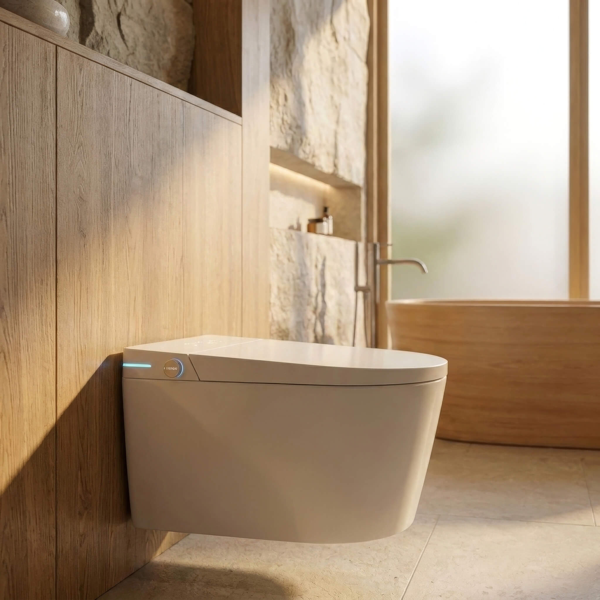 Close-up of the Tresani Alto wall-hung Japanese smart toilet in gloss white