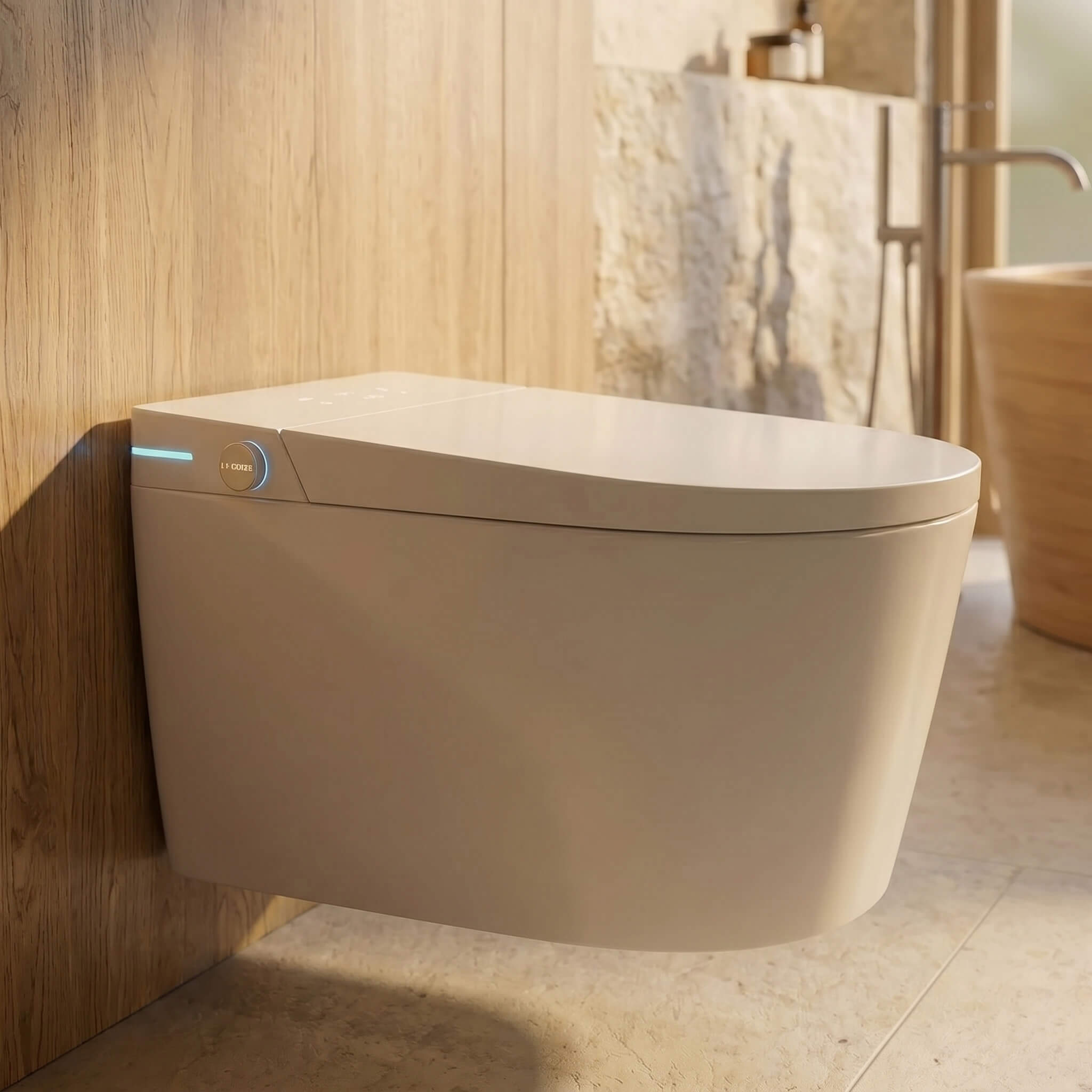 Side view of the Alto wall-hung smart toilet floating above the floor