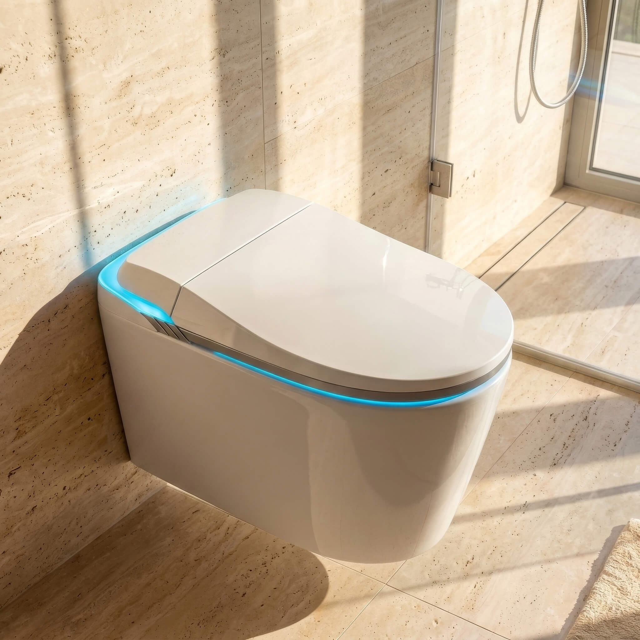 Close-up of the Tresani Elevare wall-hung Japanese smart toilet in gloss white