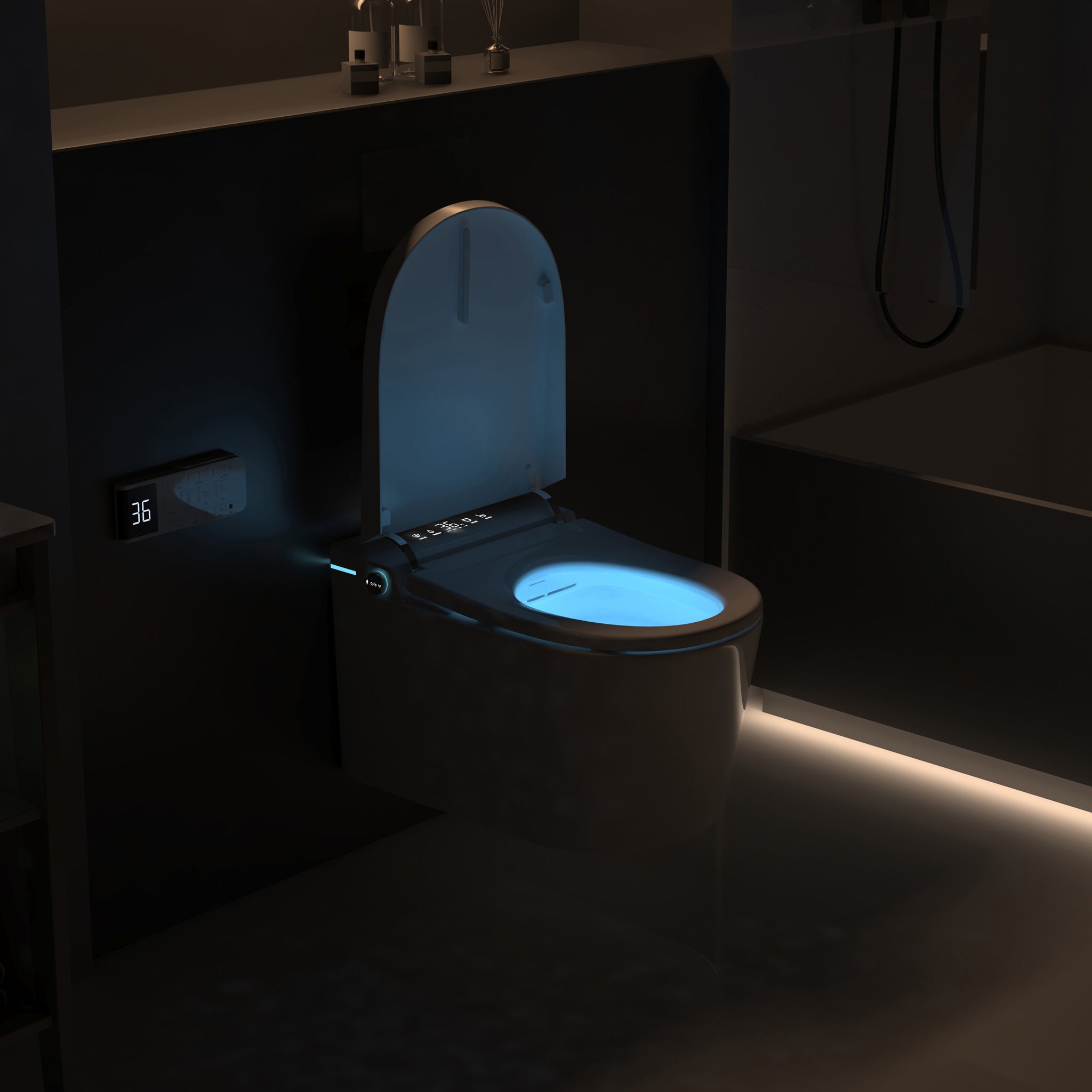 Detail of the Alto smart toilet's seat and side controls