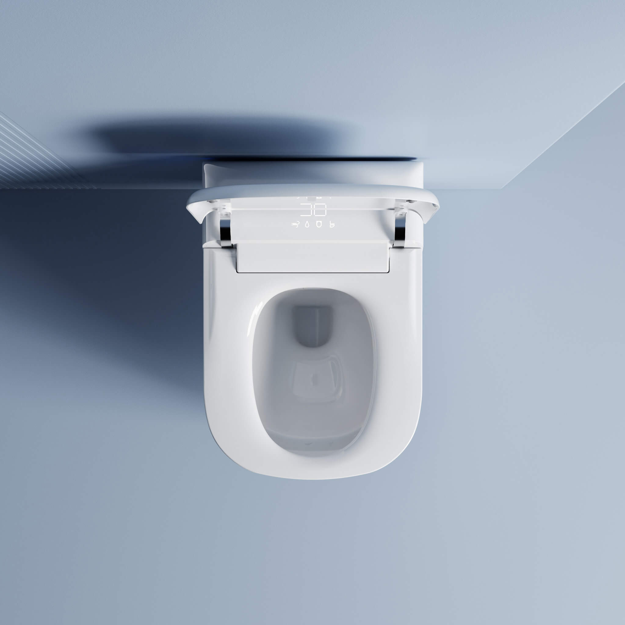 Axia smart toilet shown with the lid open and rimless wash bowl