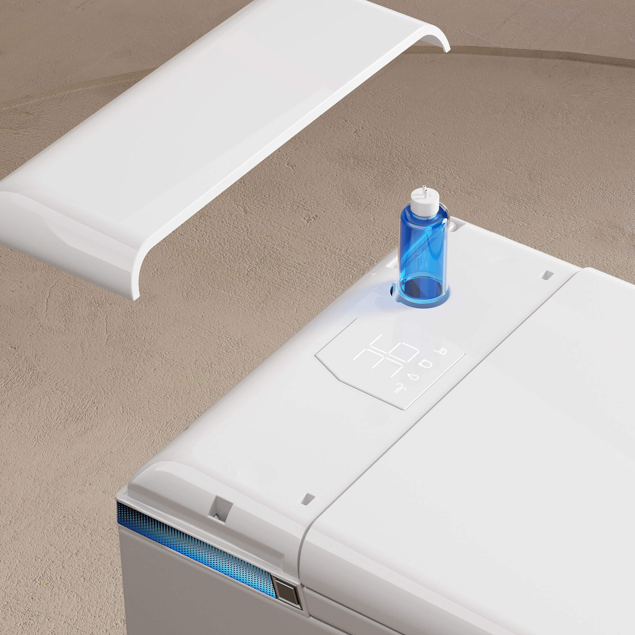 Self-cleaning bidet nozzle extending beneath the Nexus touch control panel