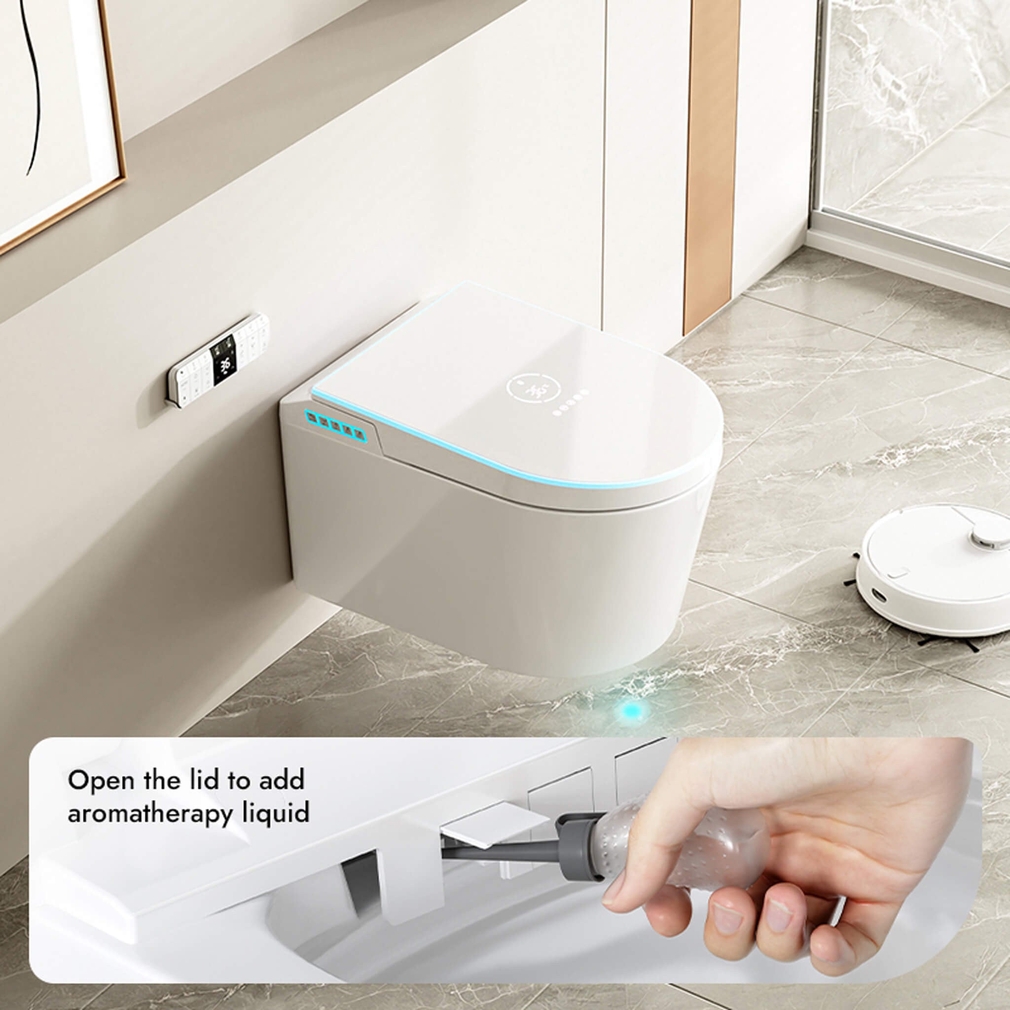 Built-in aromatherapy releasing fragrance in the Halo smart toilet