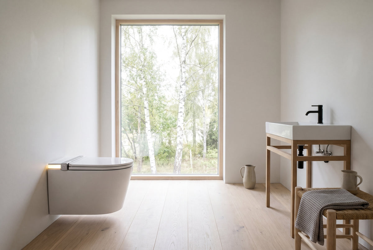 Tresani Clair white wall-hung smart toilet in a calm Scandinavian bathroom with a tall window onto birch trees