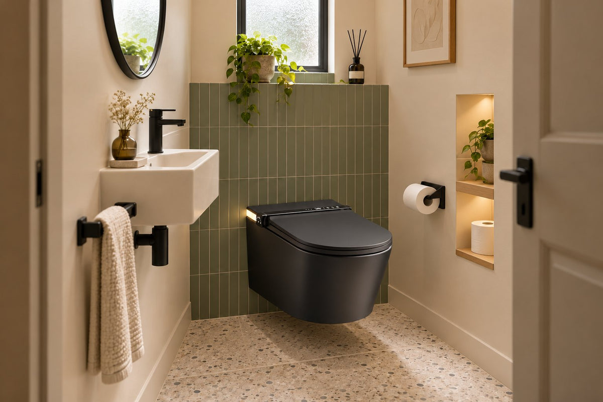 Tresani Obscur matt black wall-hung smart toilet in a compact cloakroom with sage green tiles and a terrazzo floor
