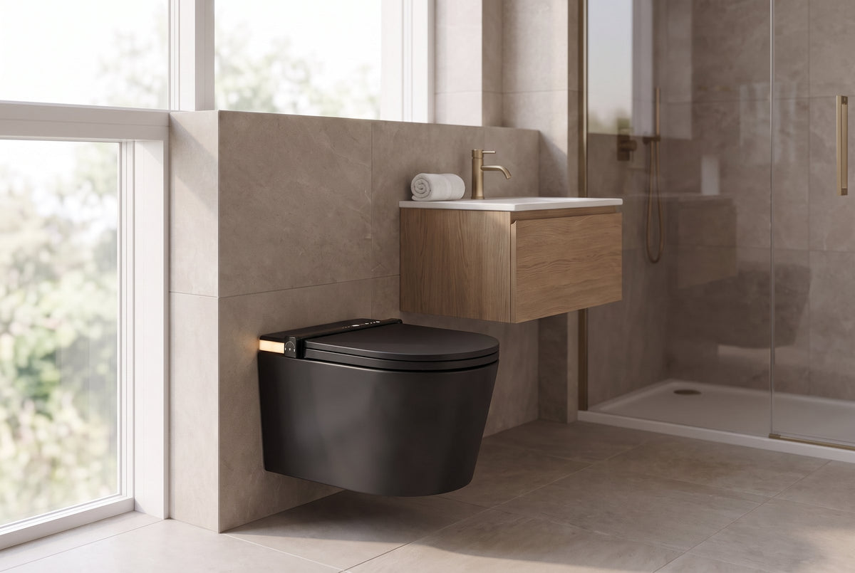 Tresani Obscur matt black wall-hung smart toilet in a bright stone bathroom with an oak vanity and walk-in shower