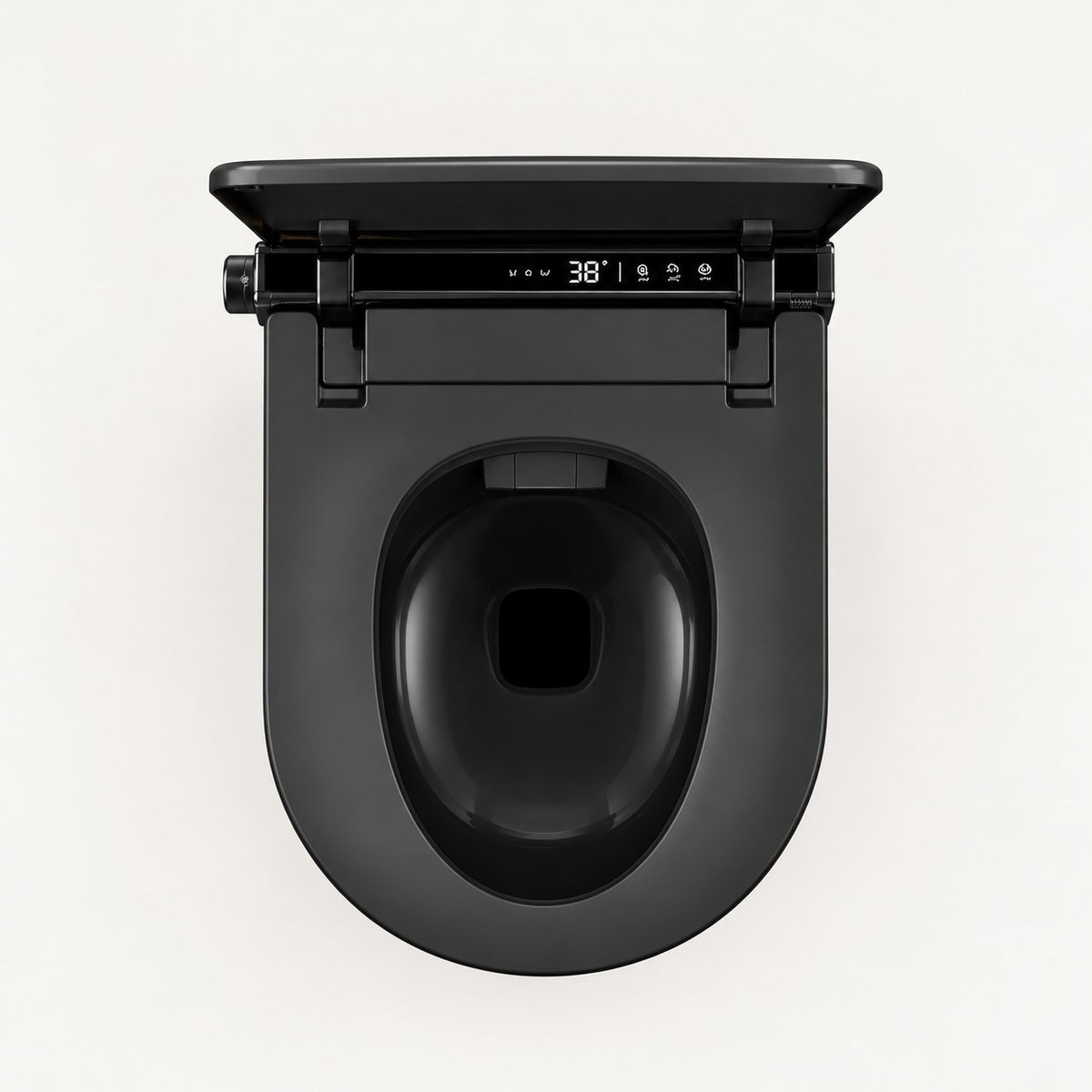 Tresani Obscur matt black wall-hung smart toilet, seen from above with the lid open