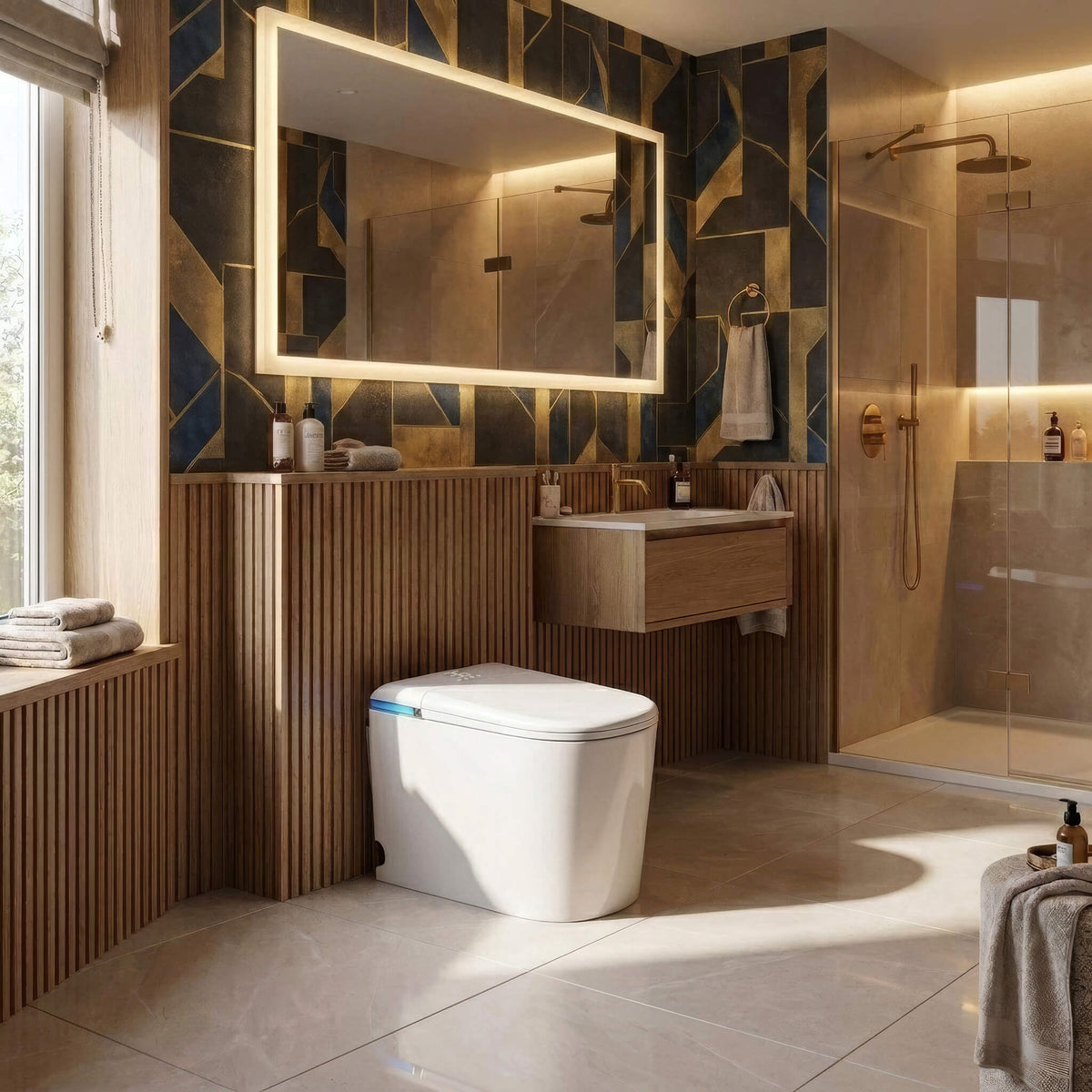 Tresani Nexus floor-standing smart toilet in a warm bathroom with fluted-oak panelling
