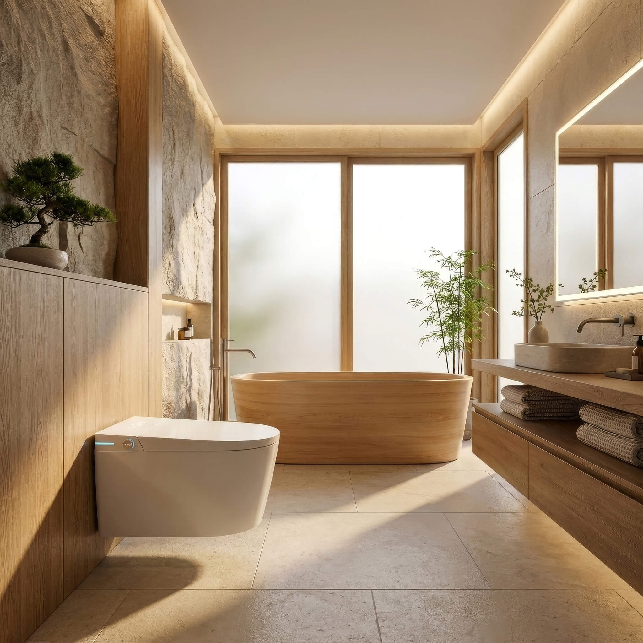 Tresani Alto smart toilet in a Japanese-inspired bathroom with a wooden soaking tub, bonsai and natural stone