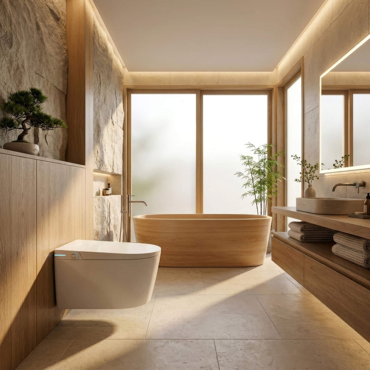 Alto wall-hung Japanese smart toilet in a Japanese-inspired bathroom with a wooden soaking tub and natural stone