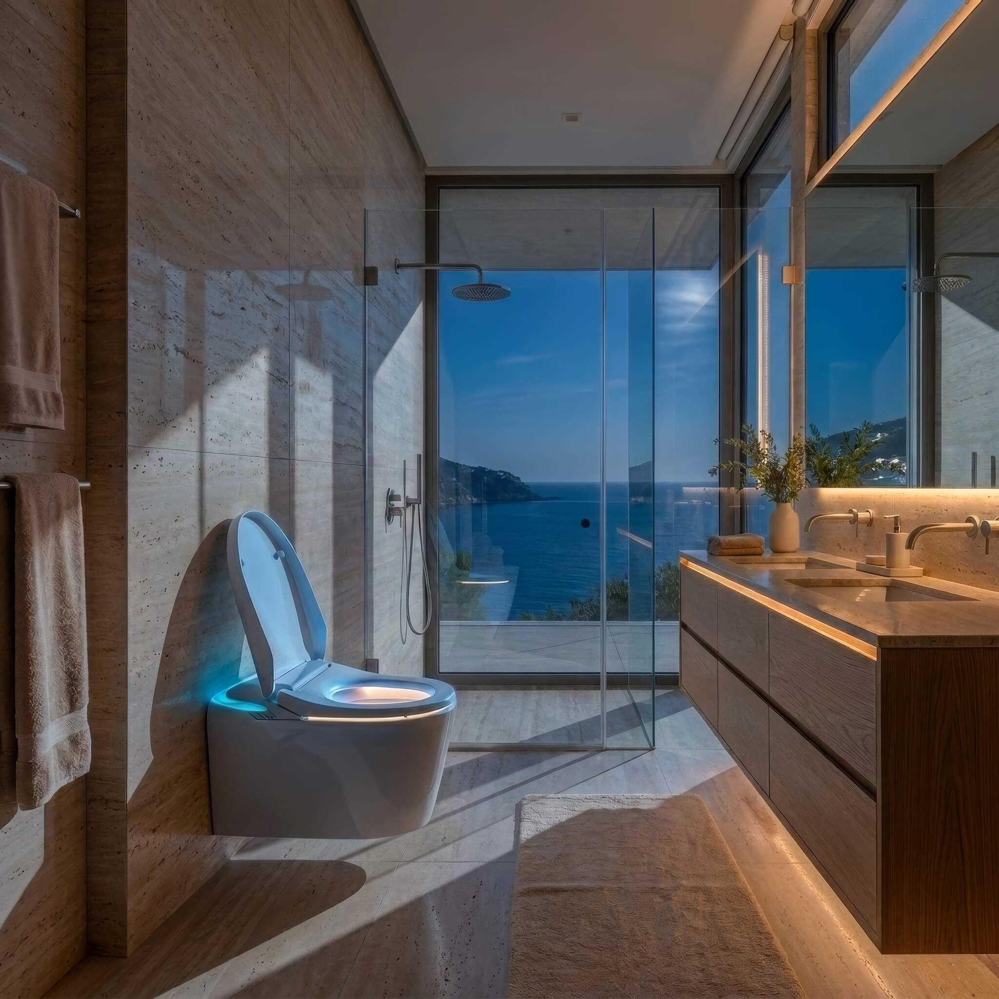 Tresani Elevare wall-hung smart toilet at night, lit by its soft night-light