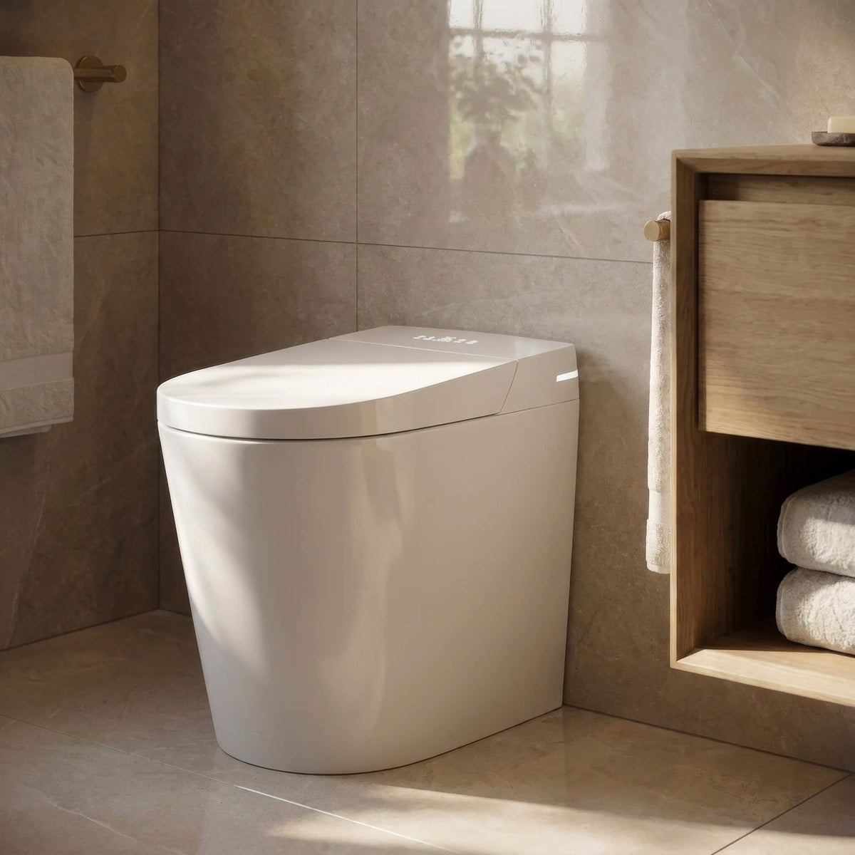 Close-up of the Tresani Origin floor-standing smart toilet in gloss white
