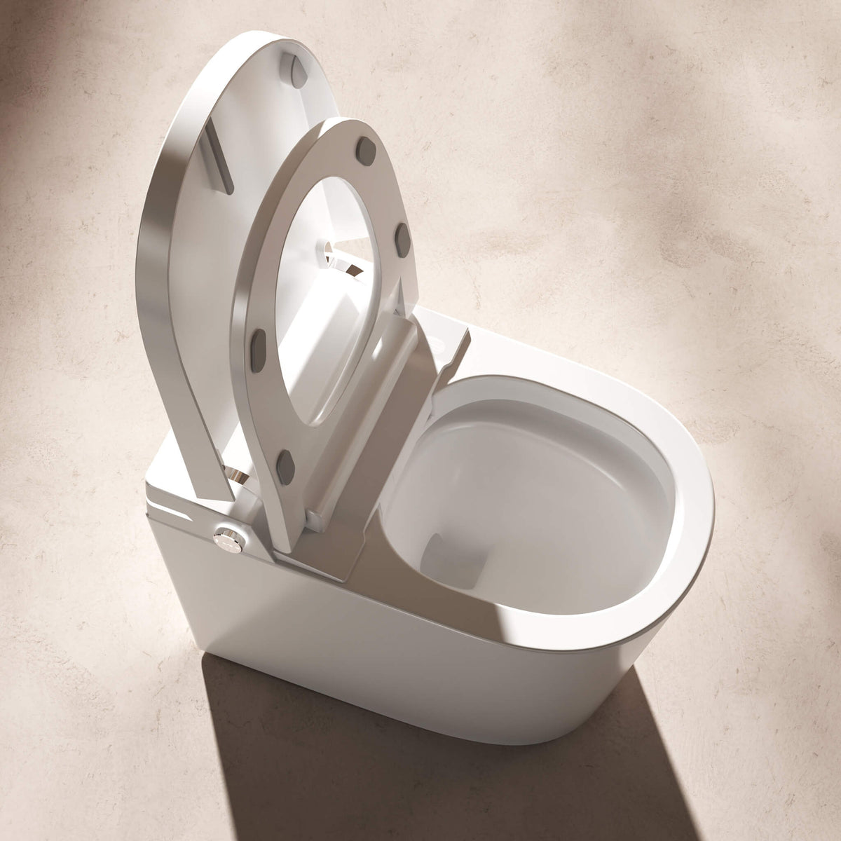Tresani Origin smart toilet with the lid open, showing the rimless wash bowl