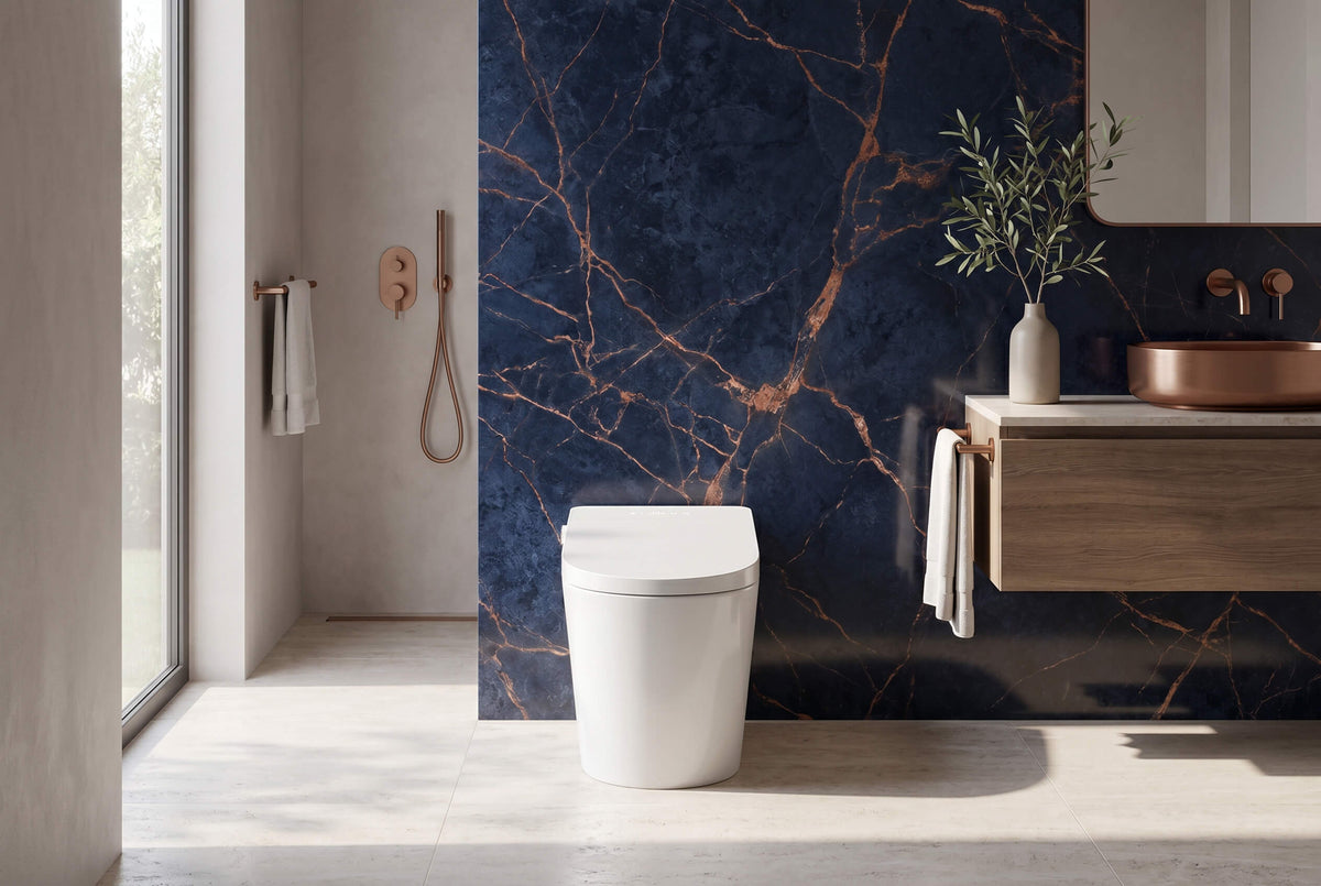 Origin floor-standing Japanese smart toilet in a calm, light-filled bathroom with warm wood tones