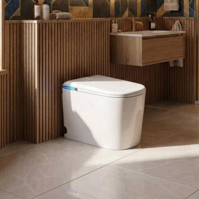 Tresani Nexus floor-standing Japanese smart toilet with a blue LED accent, against warm fluted-oak panelling