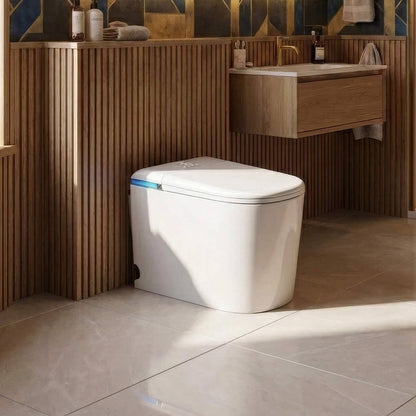 Tresani Nexus floor-standing Japanese smart toilet with a blue LED accent, against warm fluted-oak panelling