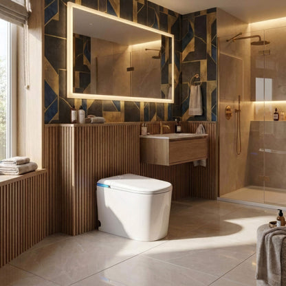 Nexus floor-standing smart toilet in a warm bathroom with fluted-oak panelling and a navy-and-gold geometric feature wall
