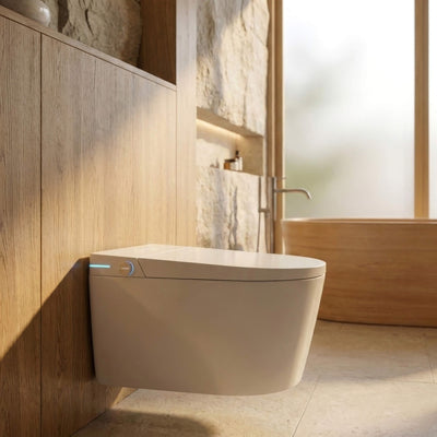 Close-up of the Tresani Alto wall-hung Japanese smart toilet in gloss white