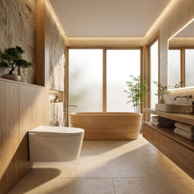 Tresani Alto wall-hung Japanese smart toilet in a Japanese-inspired bathroom with a wooden soaking tub, bonsai and natural stone