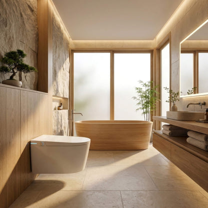 Tresani Alto wall-hung Japanese smart toilet in a Japanese-inspired bathroom with a wooden soaking tub, bonsai and natural stone