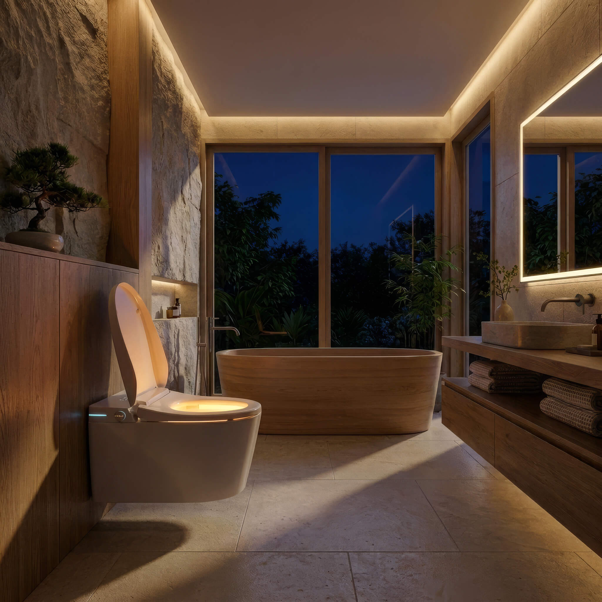 Alto wall-hung smart toilet at night, lit by its soft blue night-light