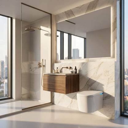 Tresani Axia wall-hung Japanese smart toilet in a contemporary bathroom with a marble feature wall and city-skyline views