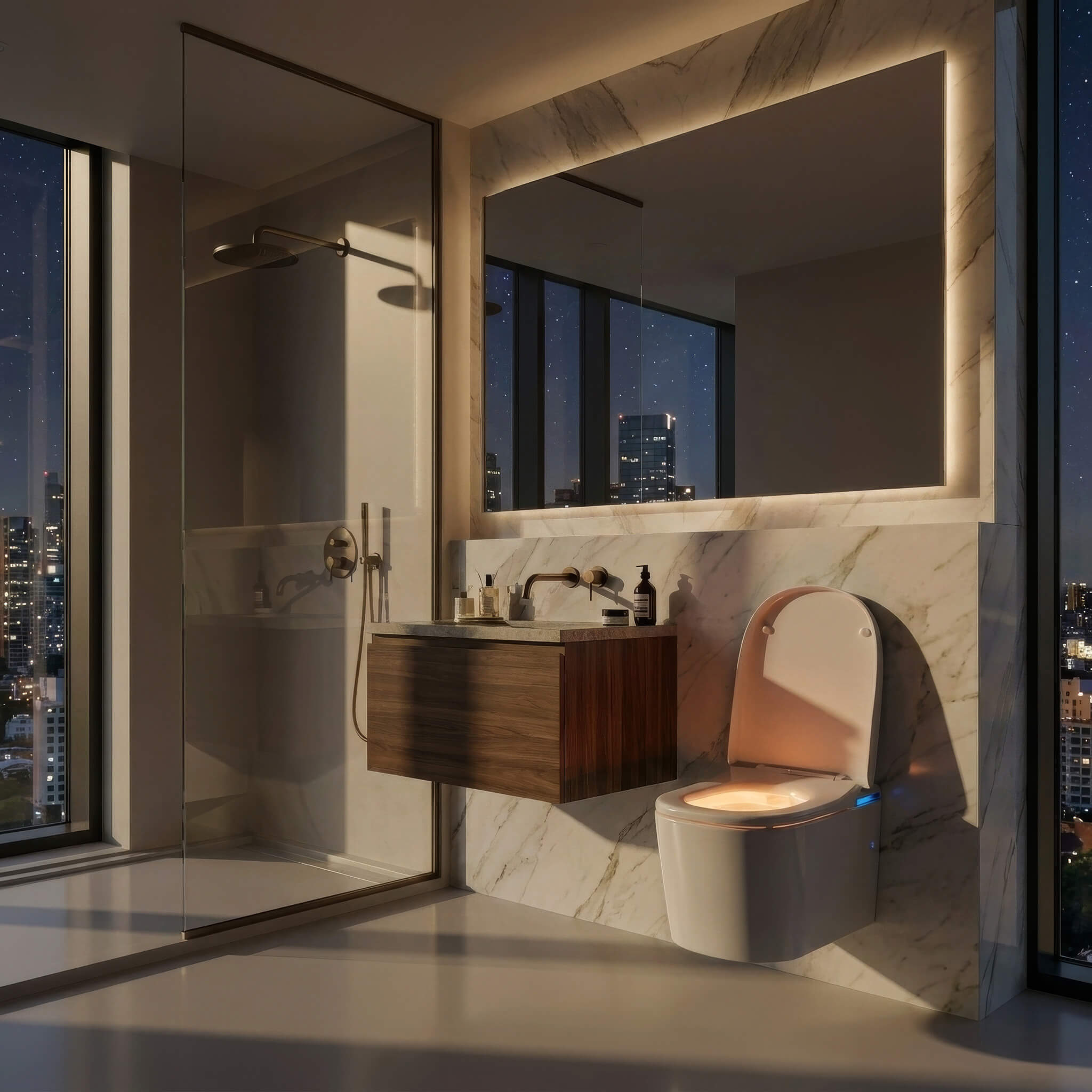 Axia wall-hung smart toilet at night, lit by its soft blue night-light