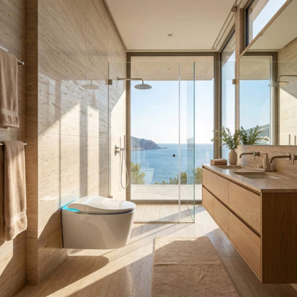 Tresani Elevare wall-hung Japanese smart toilet in a travertine bathroom with floor-to-ceiling sea views