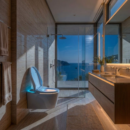 Elevare wall-hung smart toilet at night, lit by its soft night-light