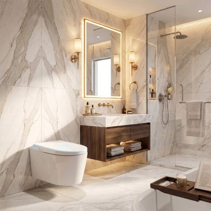 Halo wall-hung smart toilet in a marble bathroom, its signature LED ring glowing