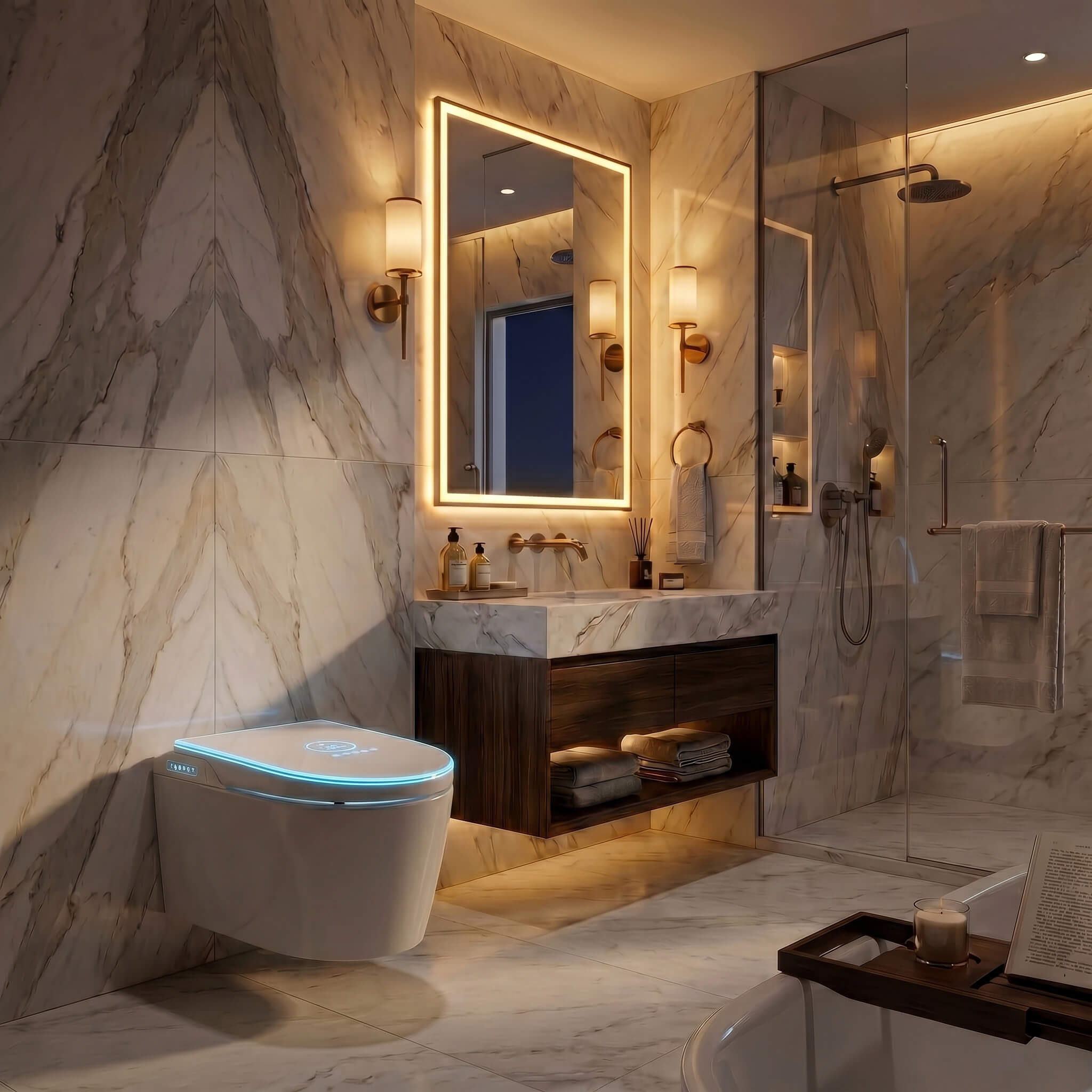 Halo wall-hung smart toilet at night, its signature LED ring glowing in the dark