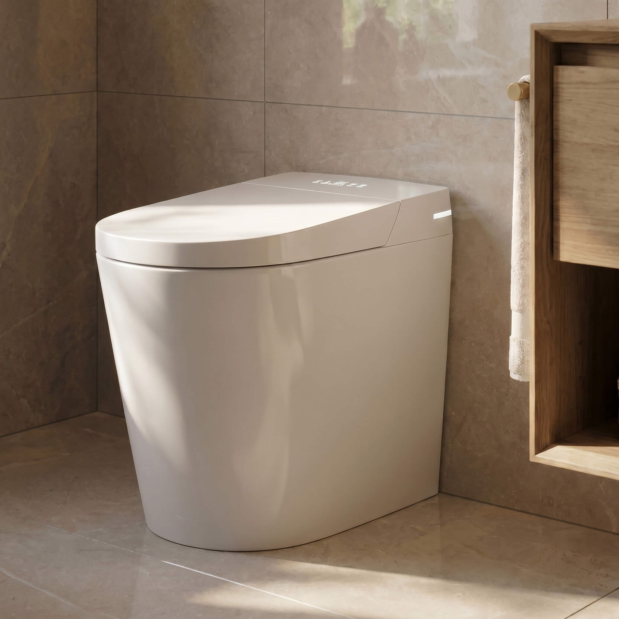 Side view of the Origin floor-standing smart toilet against a stone-tiled wall