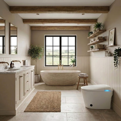 Prime floor-standing smart toilet in a rustic country bathroom with exposed wooden beams, a stone bath and countryside views
