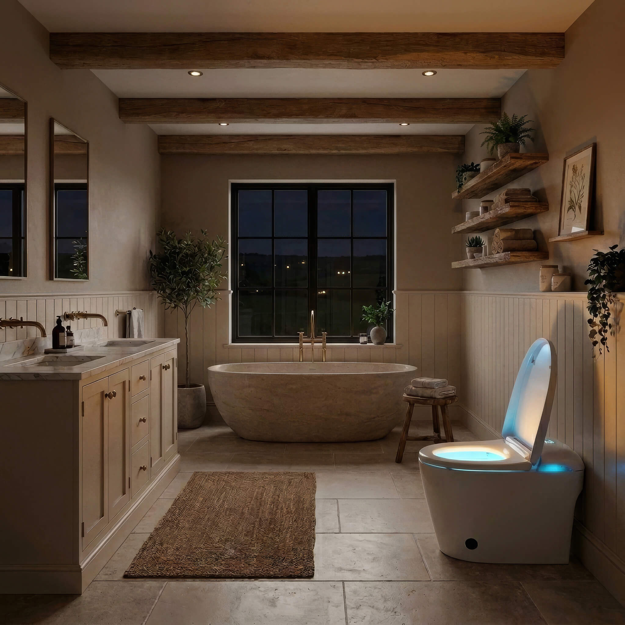 Prime smart toilet in a darkened bathroom with the bowl night-light glowing