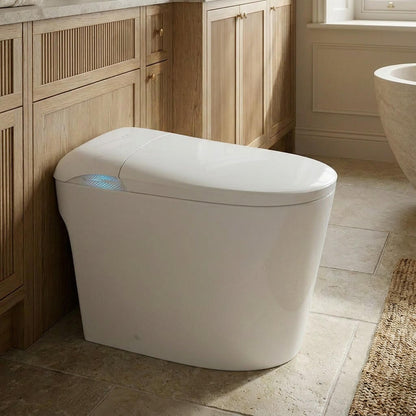 Close-up of the Prime floor-standing smart toilet in gloss white