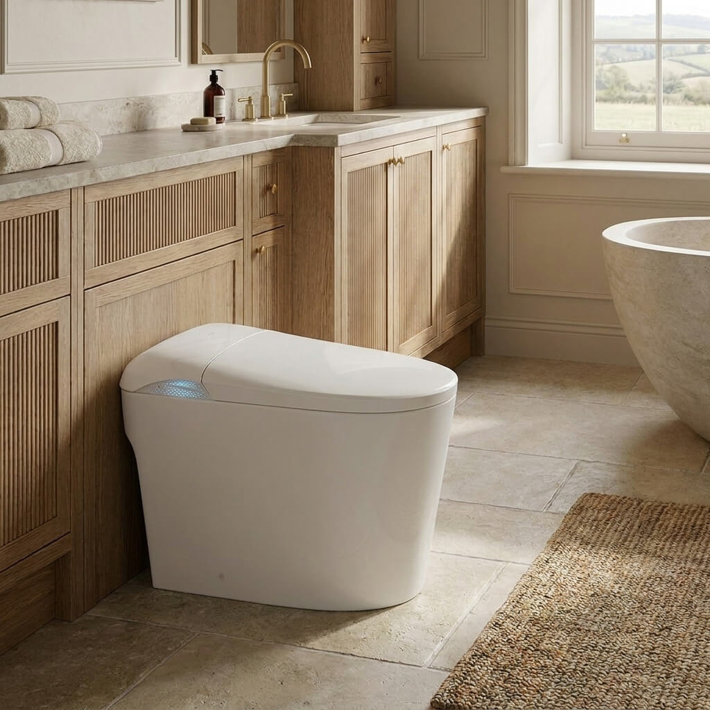 Tresani Prime floor-standing Japanese smart toilet in gloss white, in a warm oak bathroom with a stone bath and countryside views