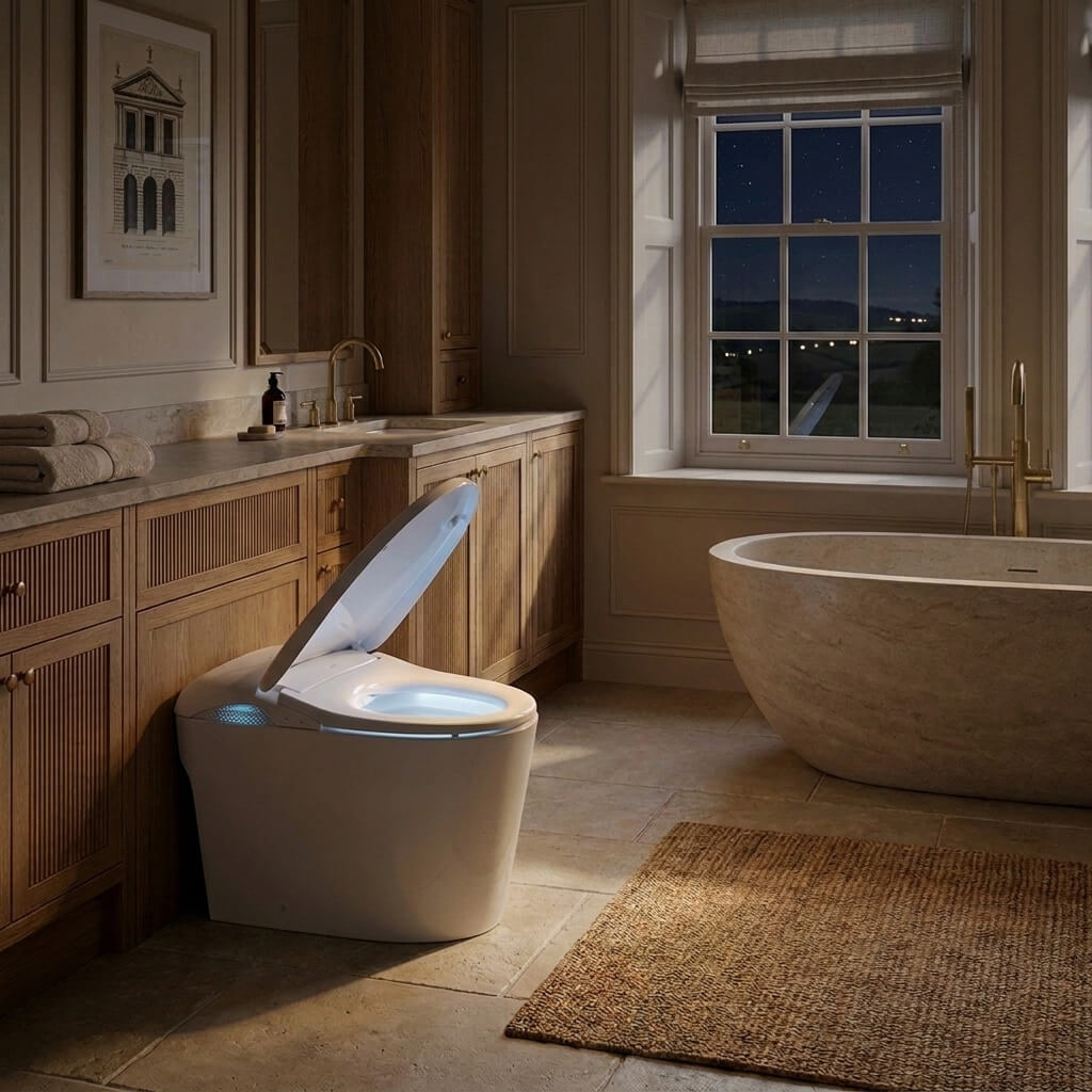 Prime floor-standing smart toilet at night, lit by its soft blue night-light