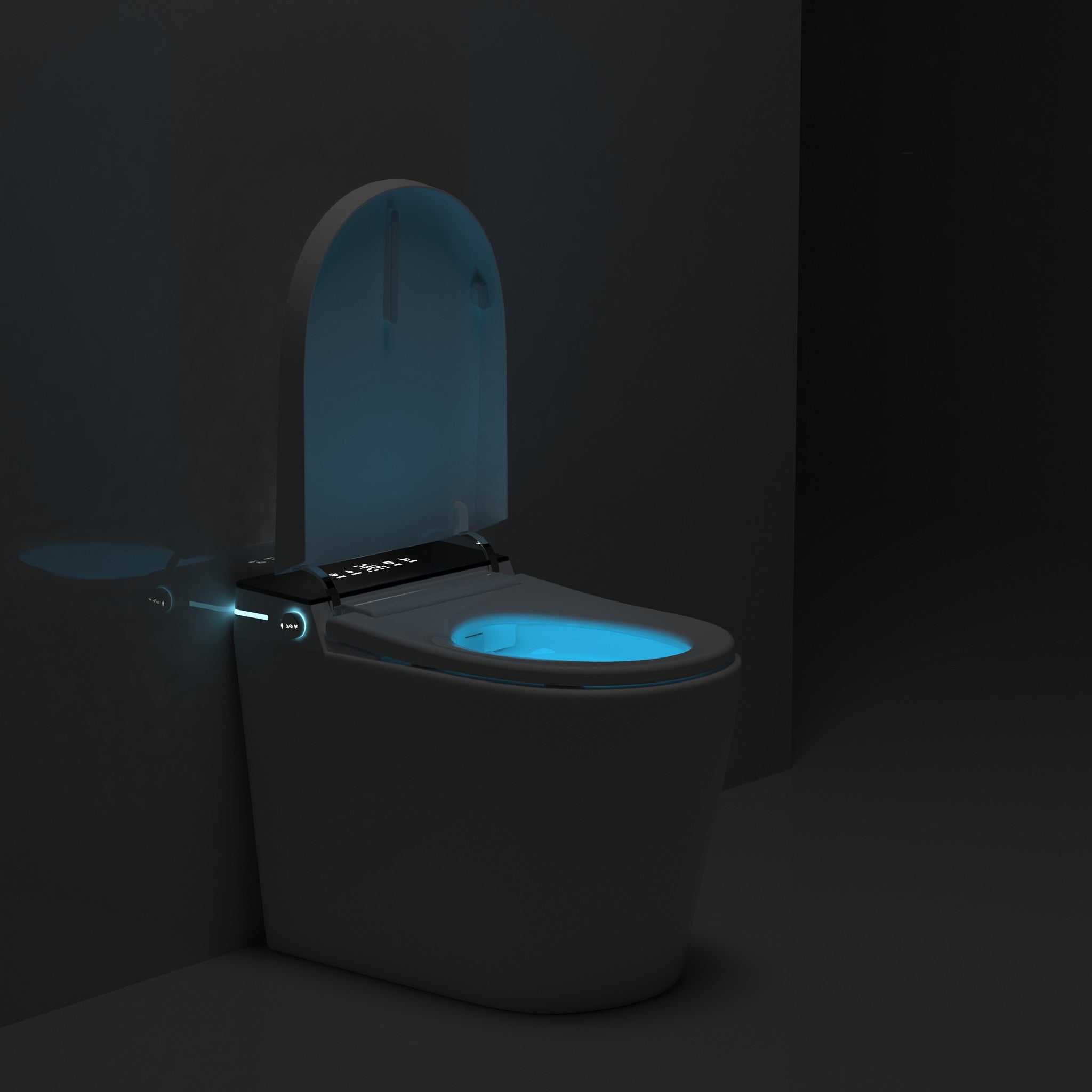 Origin smart toilet at night with the lid open and a soft blue night-light in the bowl