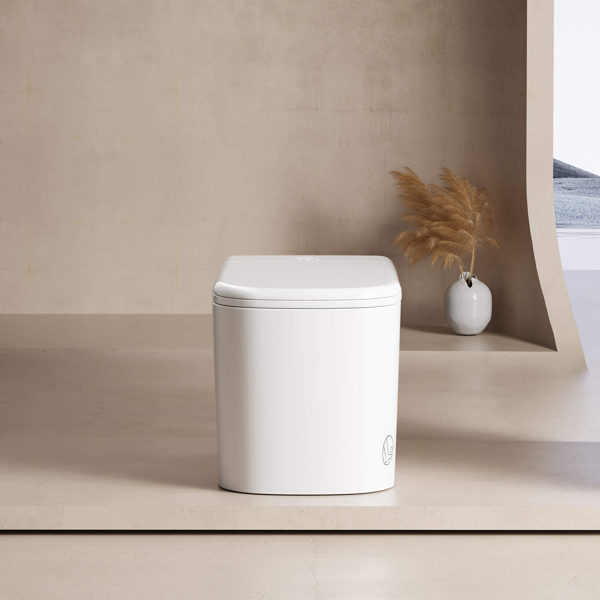 Nexus floor-standing smart toilet shown from the side in a minimalist studio setting
