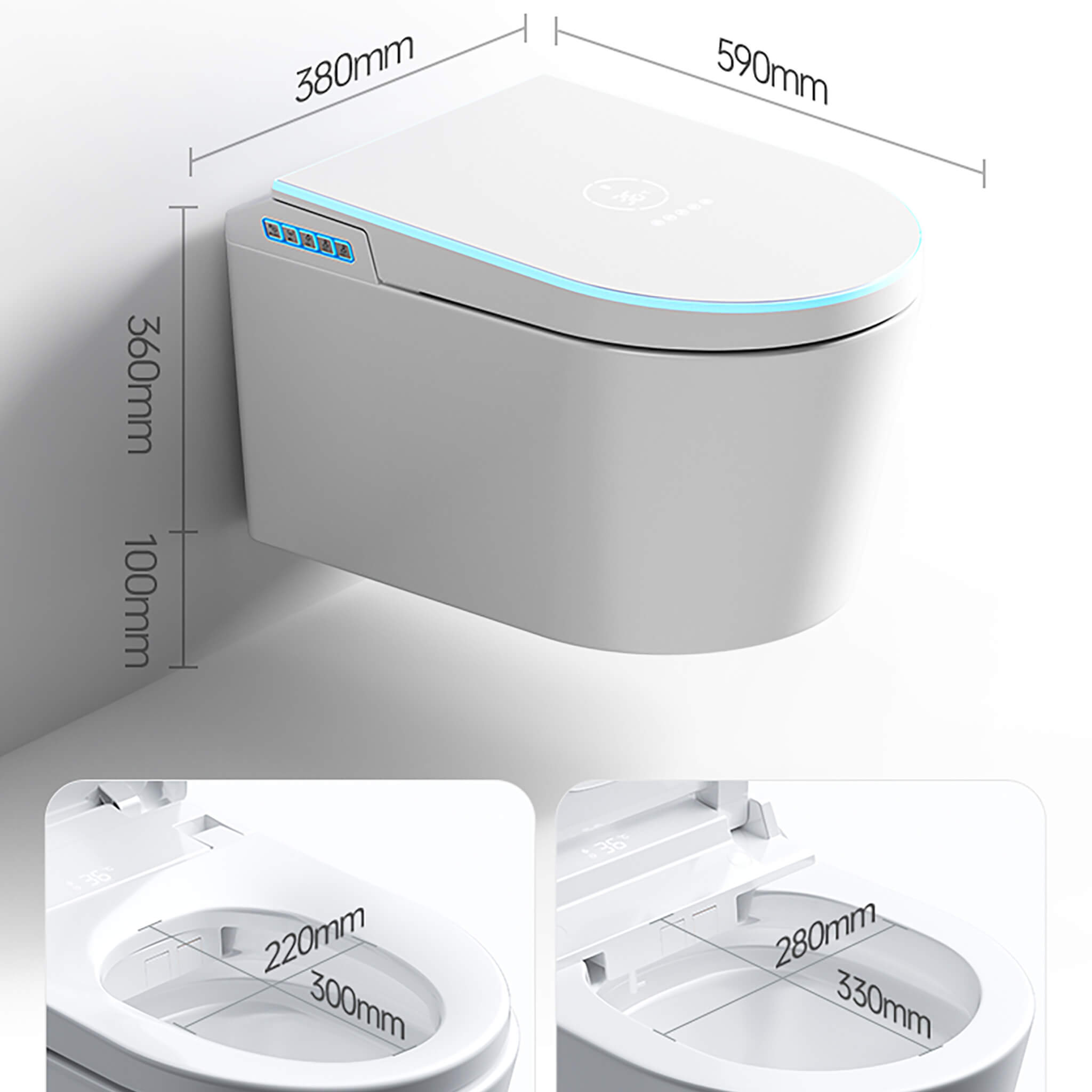 Dimensions diagram for the Halo wall-hung smart toilet
