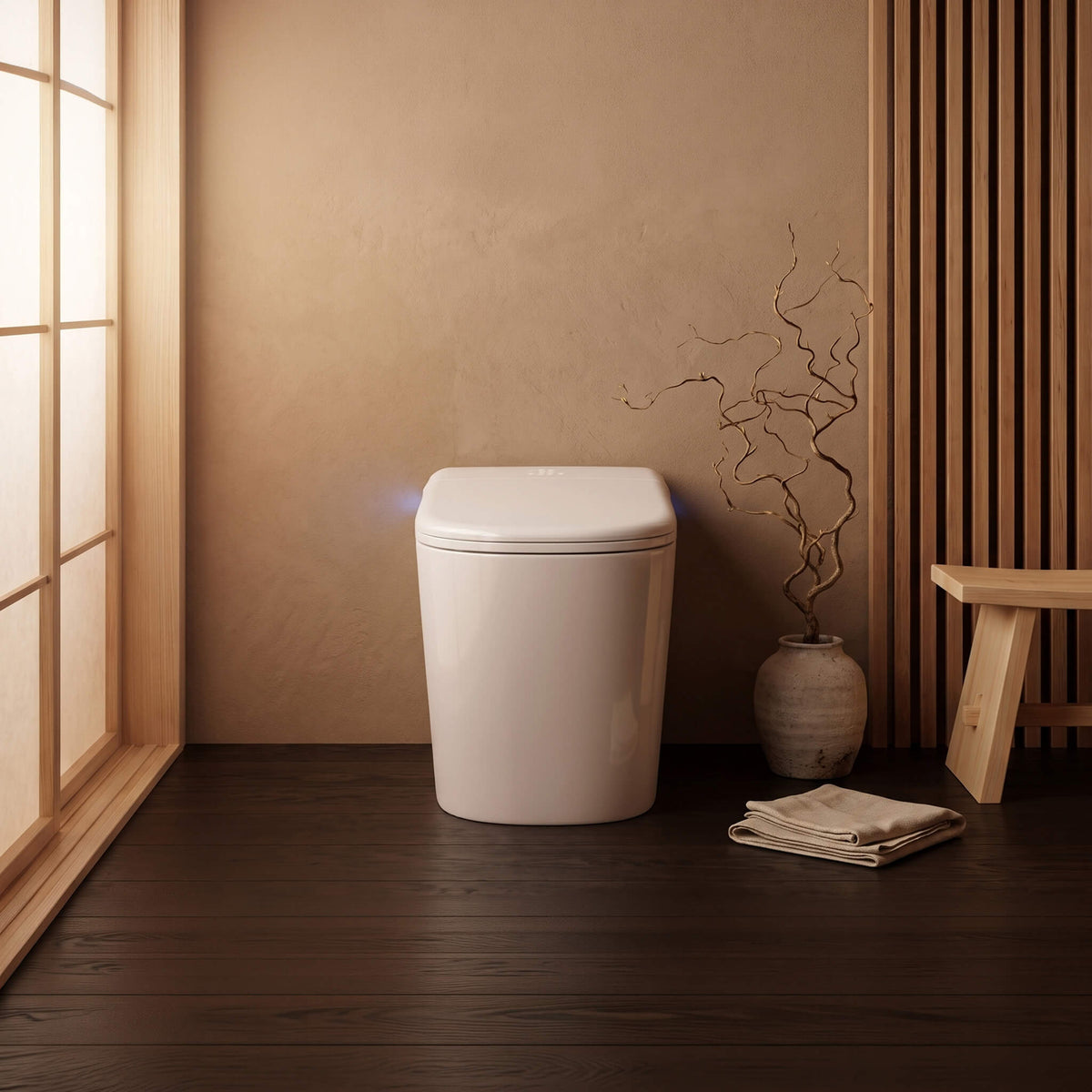 A Tresani floor-standing smart toilet in a warm, contemporary bathroom