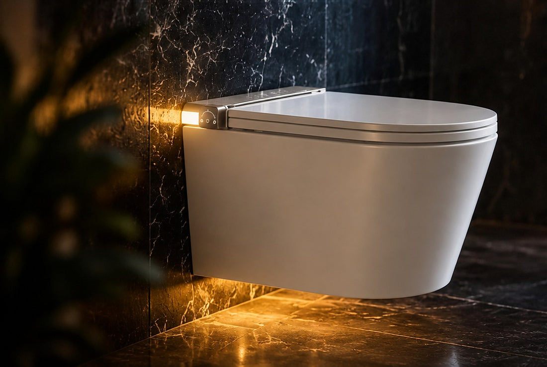 Clair with its warm ambient light glowing against dark marble