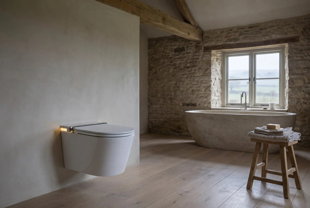 Clair in a rustic stone bathroom with freestanding bath