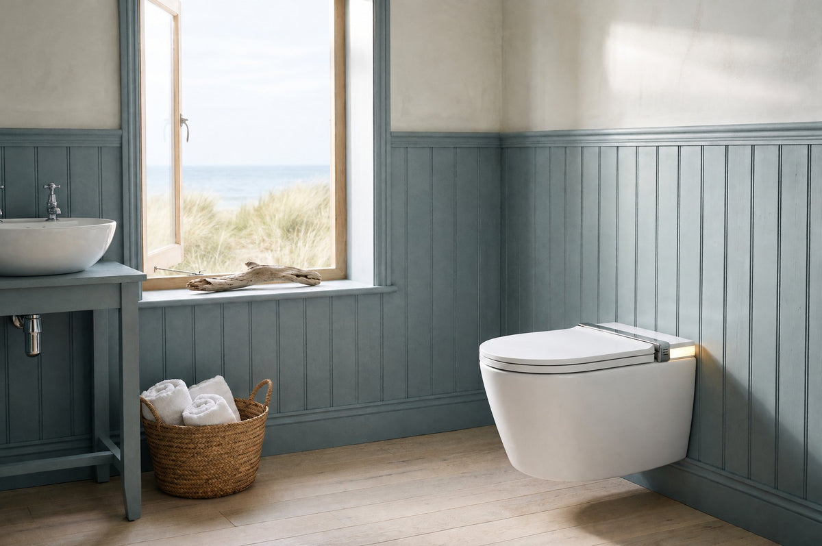 Tresani Clair white wall-hung smart toilet in a seaside bathroom with blue-green panelling and dunes beyond the window