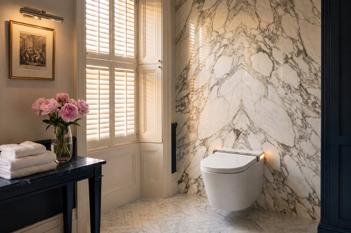 Tresani Clair white wall-hung smart toilet against book-matched marble in a London townhouse bathroom with plantation shutters